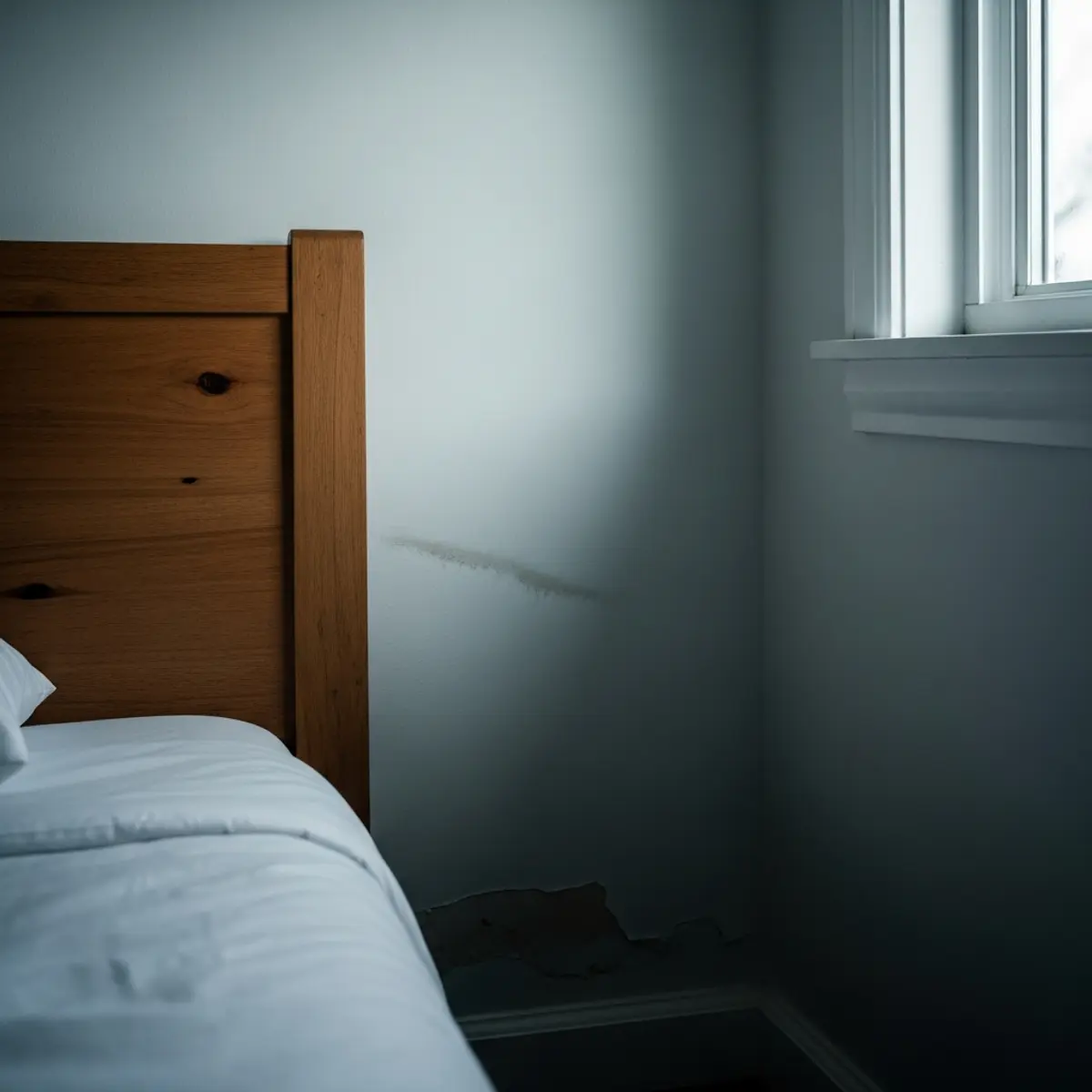 Coin chambre avec trace d'humidité discrète sur mur nord derrière tête de lit en bois, plinthe légèrement décollée