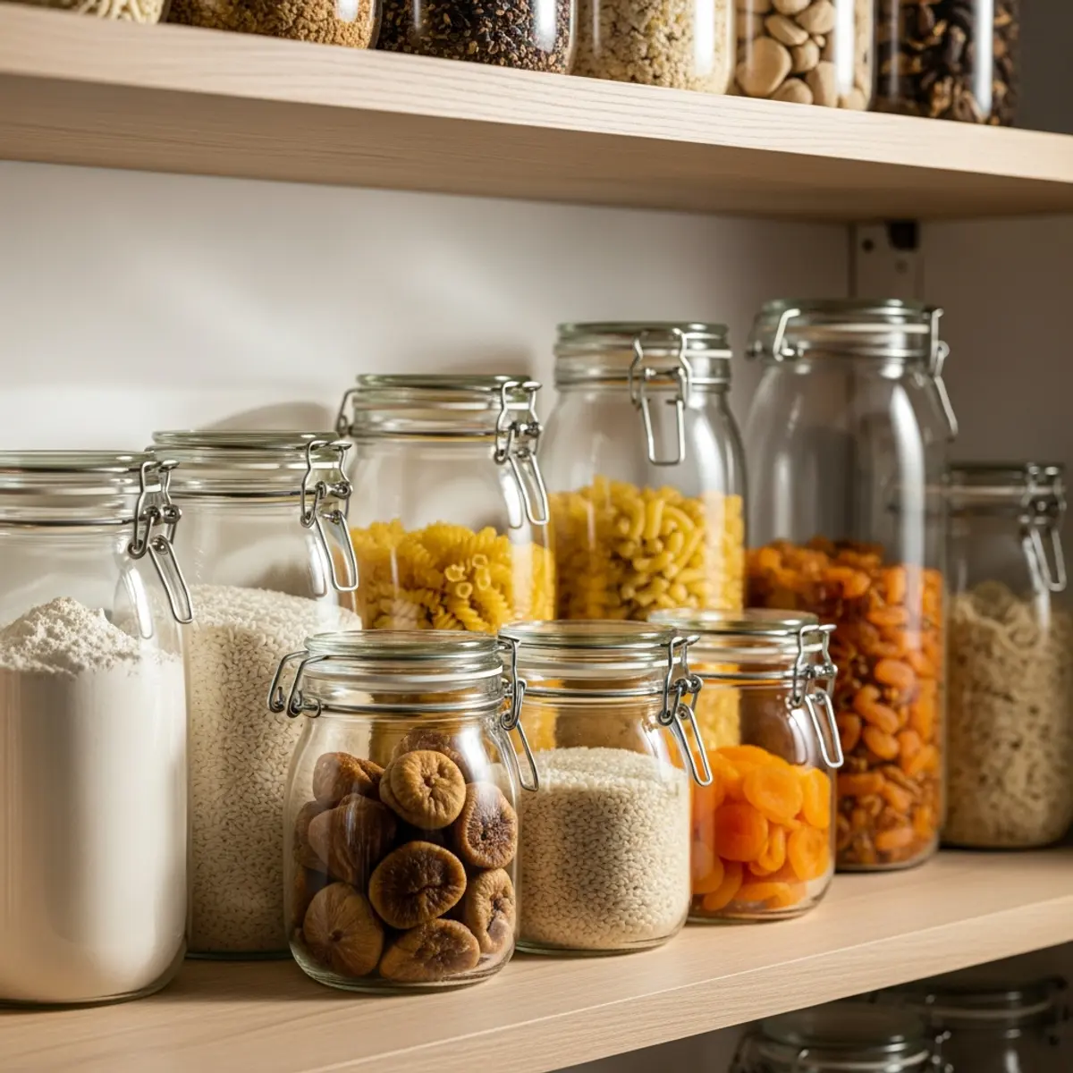 Garde-manger réorganisé avec bocaux en verre transparents, étiquettes de date et farine, riz, pâtes triés sur étagère propre