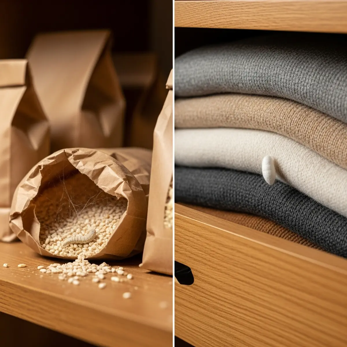 Larves de mite et amas de soie sur fibres textiles dans un dressing et grains agglomérés dans un placard alimentaire