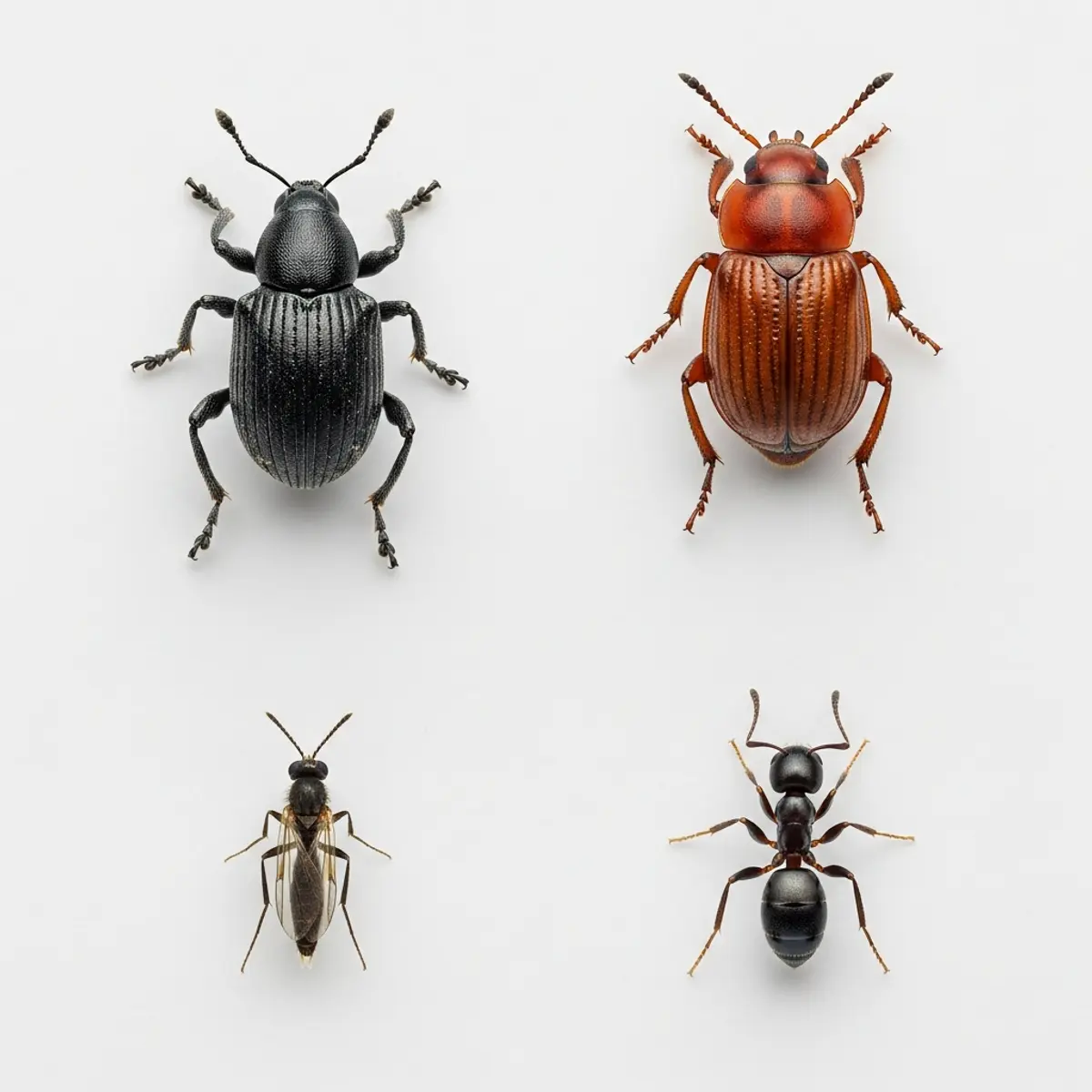 Comparatif visuel des 4 petits insectes noirs courants en cuisine : charançon, tribolium, sciaride, fourmi